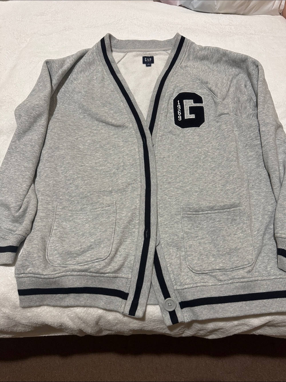 GAP Gray Cardigan with Navy Trim and Patch